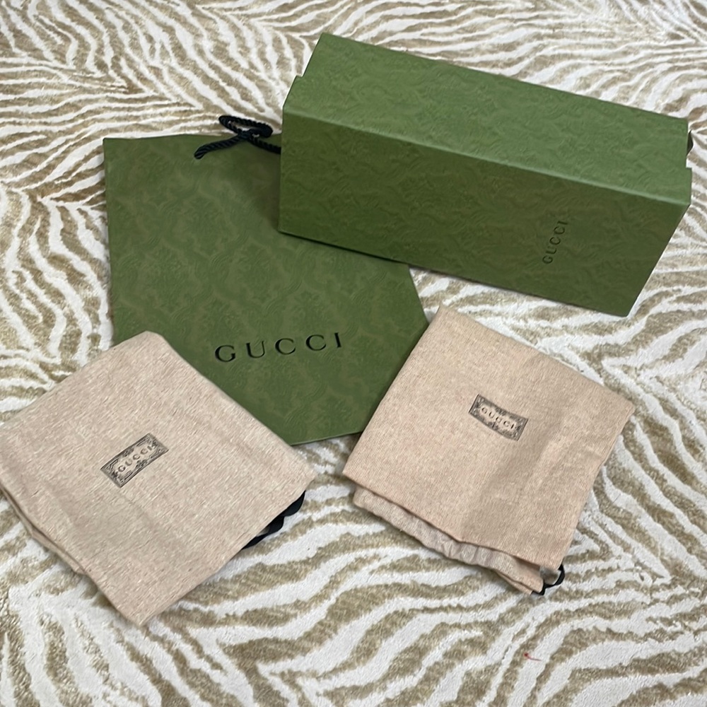 GUCCI shoe box, (2) dust bags, & 1 shopping bag